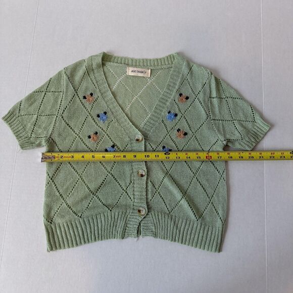 Hers Denim Sweater Womens Small Short Sleeve Knit Cropped Floral Cardigan Top - Picture 6 of 6